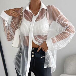 NEW White Oversized Sheer Mesh Button Down Blouse XS